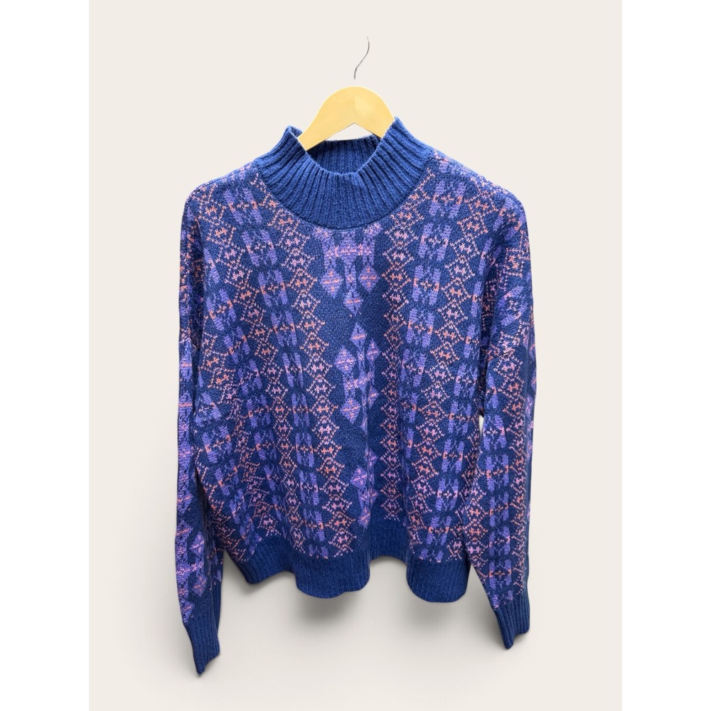 Lane Bryant Womens 18/20 Blue Pink Fair Isle Mock Neck Knit Sweater Plus Size